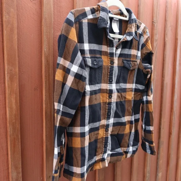 Patagonia Organic Cotton Orange & Black Plaid Flannel Button Up Shirt 8 Women - Picture 8 of 13